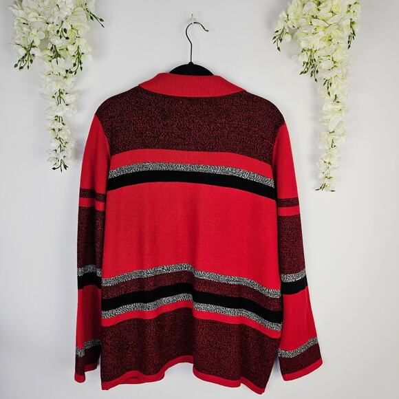 Allison Daley Cat Sweater Jacket Zip Cardigan XL Red Black Striped Embroidered - Picture 2 of 10